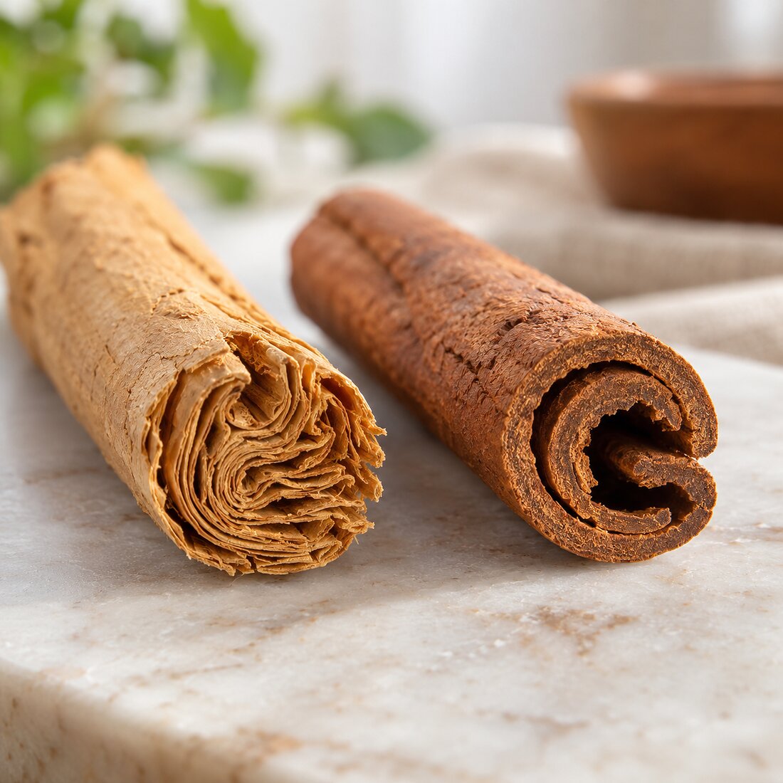 A pale, many-layered Ceylon cinnamon quill beside a thicker, darker cassia stick