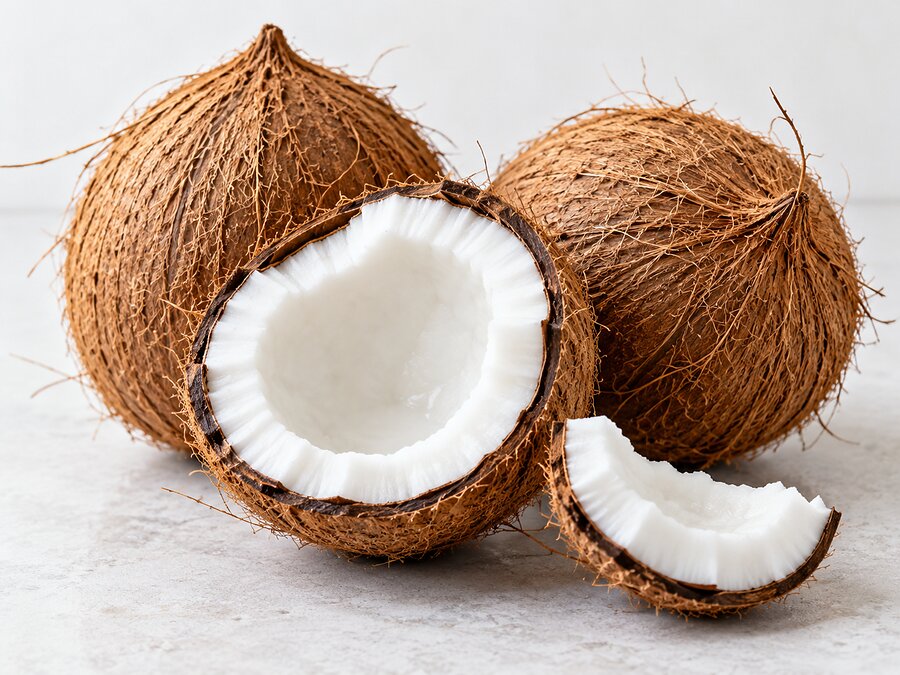Whole and halved coconuts